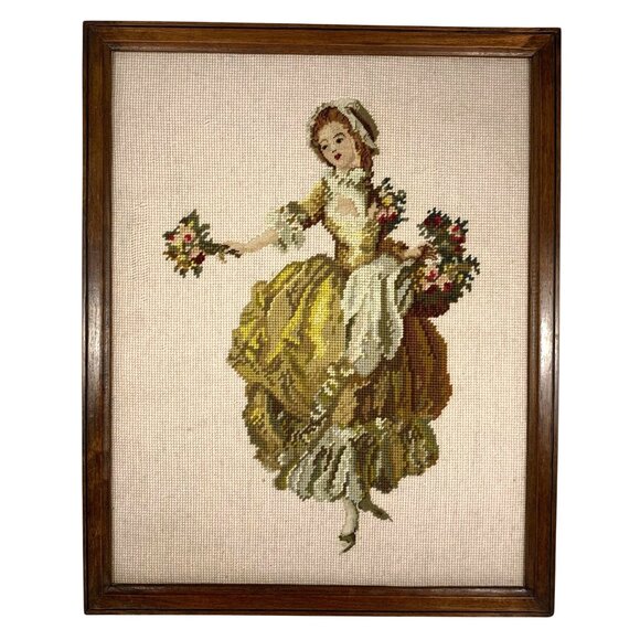 Framed Needlepoint Petitpoint Gobelin French Country Lady Bouquet Flowers Bosom - Picture 1 of 8